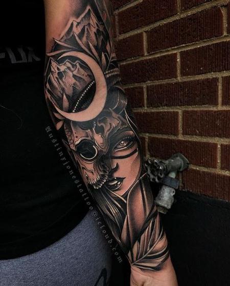 Rick Mcgrath - Woman with skul mask, mountains and moon dark neotraditional tattoo